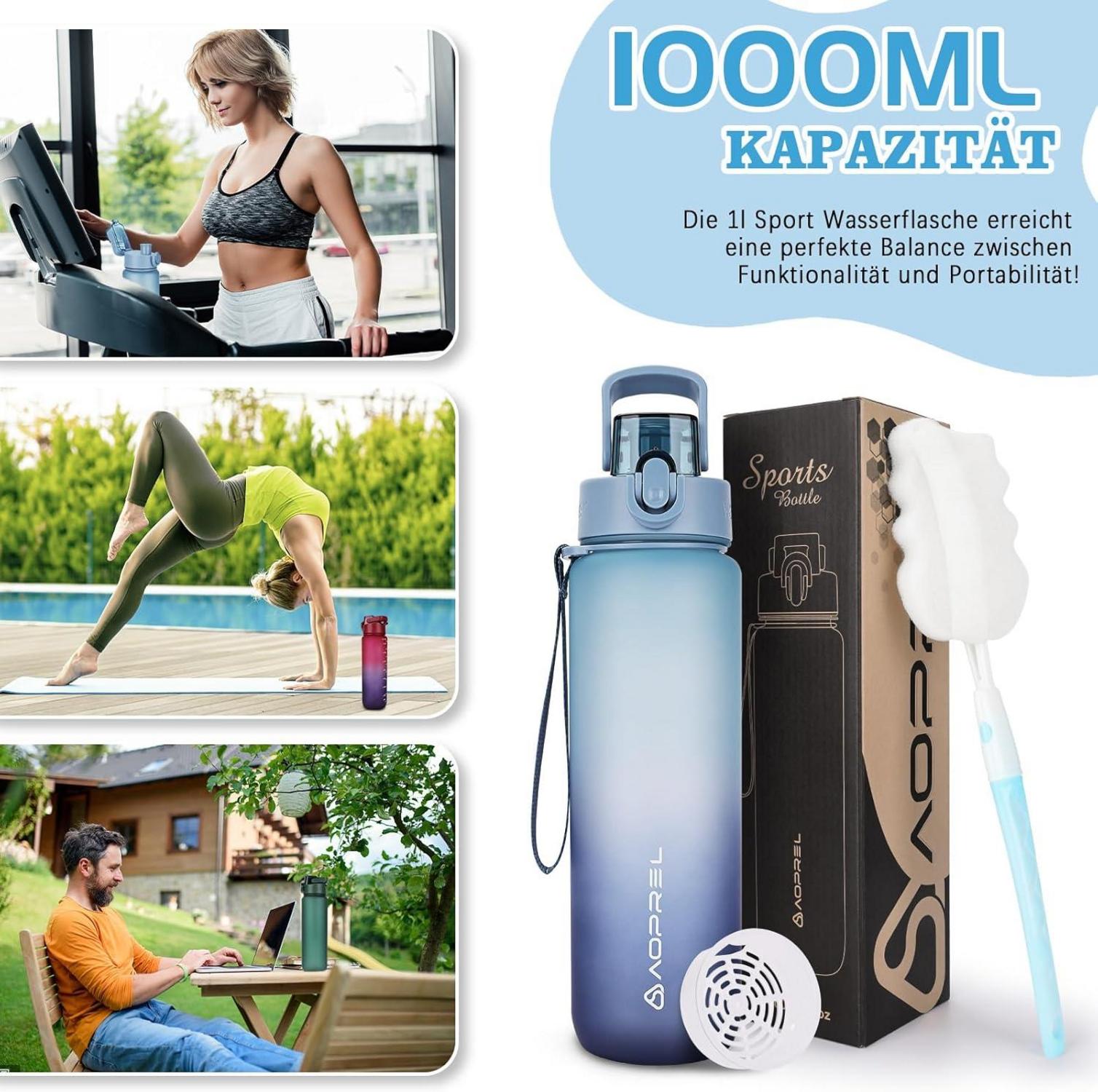 AOPREL 1l Trinkflasche BPA-frei Tritan Sport Kohlensäure Hellblau Dunkelblau