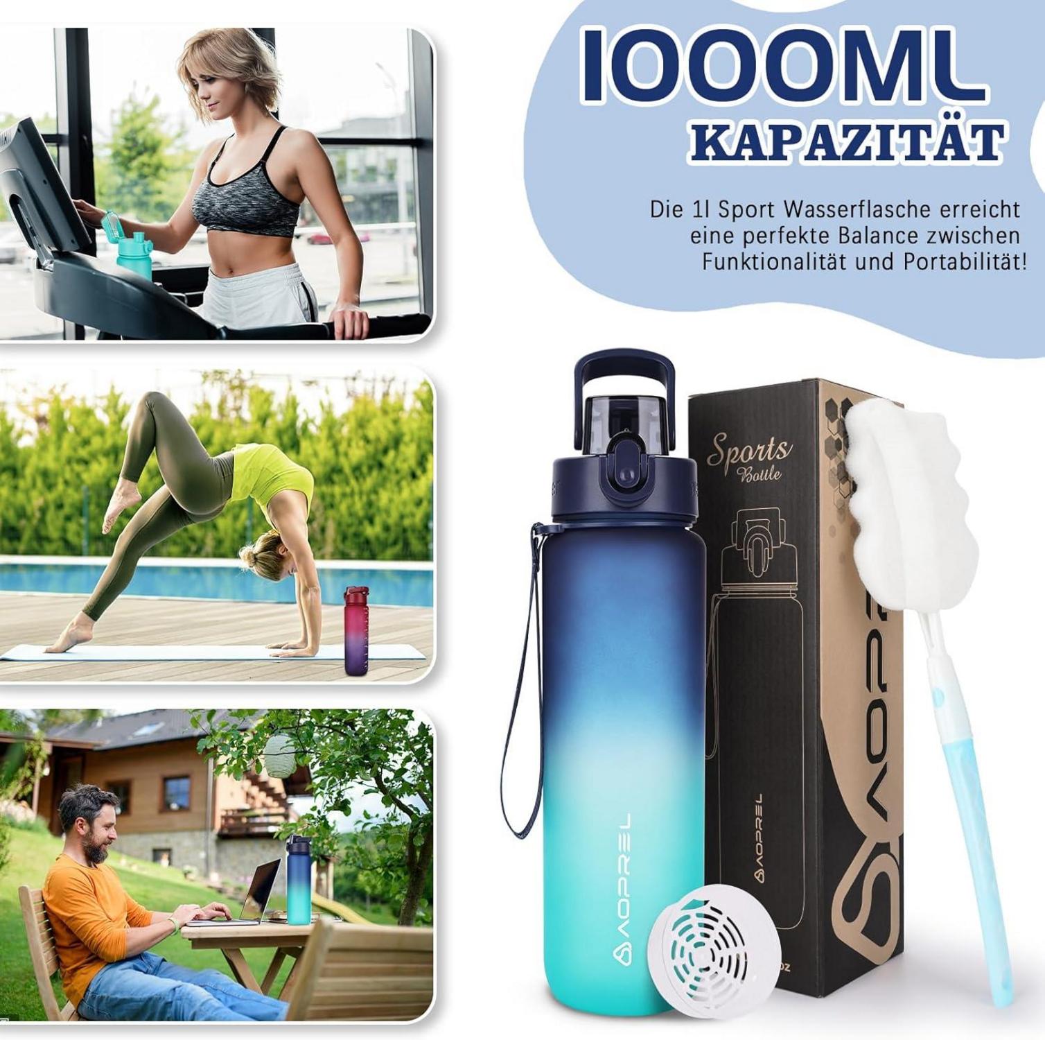 AOPREL Trinkflasche 1l BPA-frei Tritan Sport Wasserflasche Fitness Camping Büro