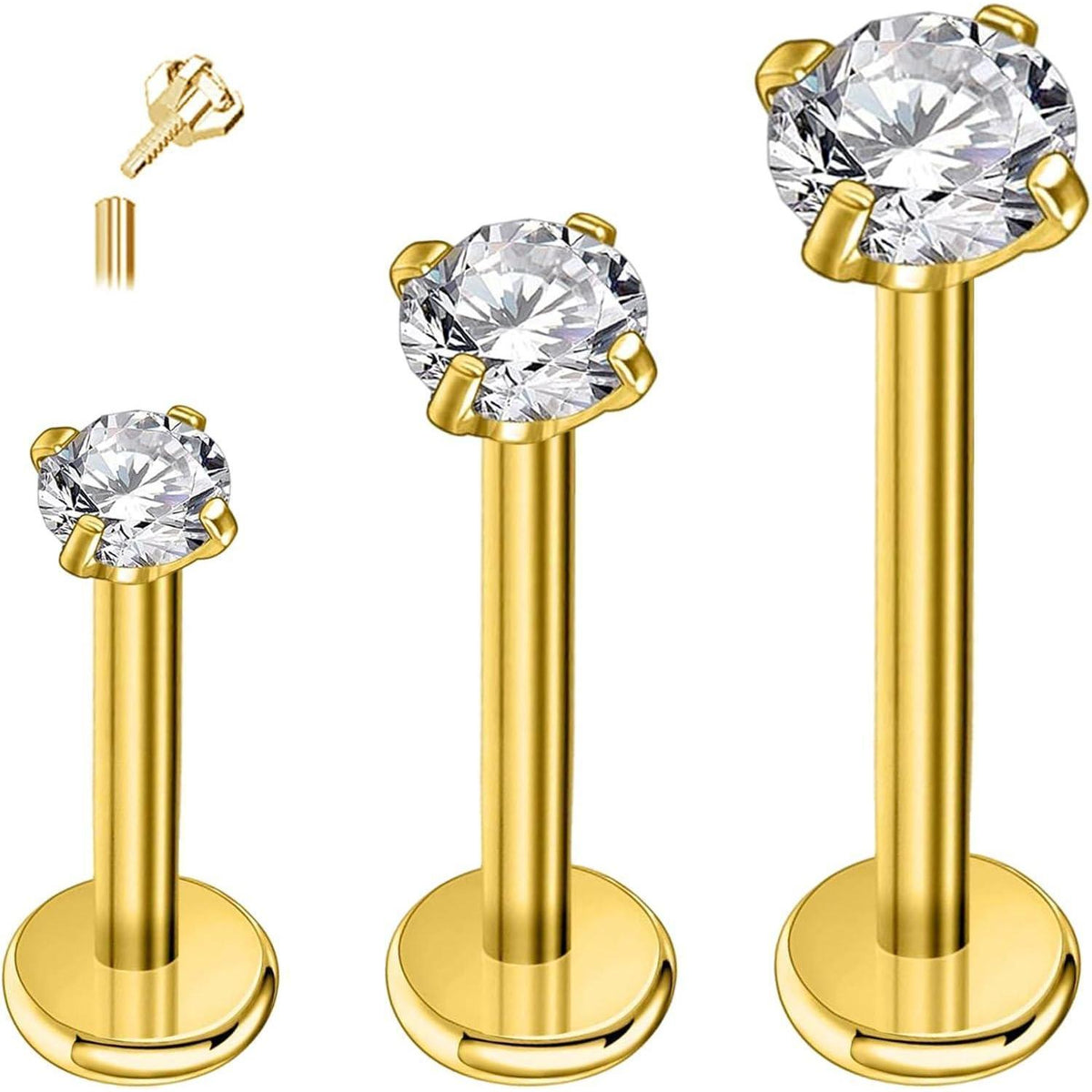G23 Titan Tragus Piercing Set 3 Stück, 16g Labret Stecker, Silber/Gold, CZ