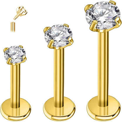 G23 Titan Tragus Piercing Set 3 Stück, 16g Labret Stecker, Silber/Gold, CZ