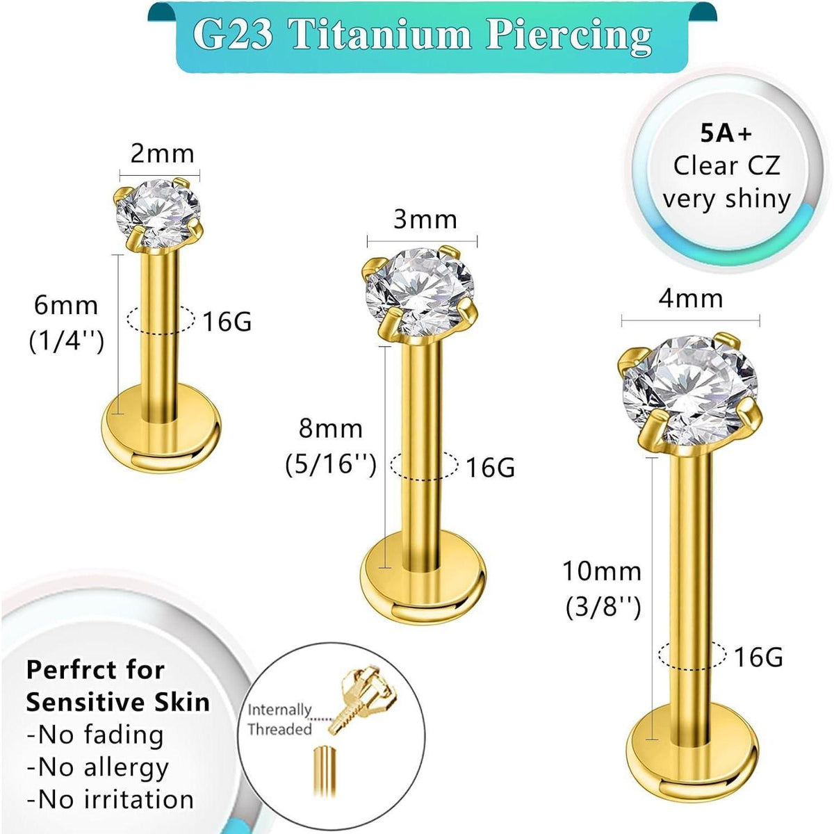 G23 Titan Tragus Piercing Set 3 Stück, 16g Labret Stecker, Silber/Gold, CZ