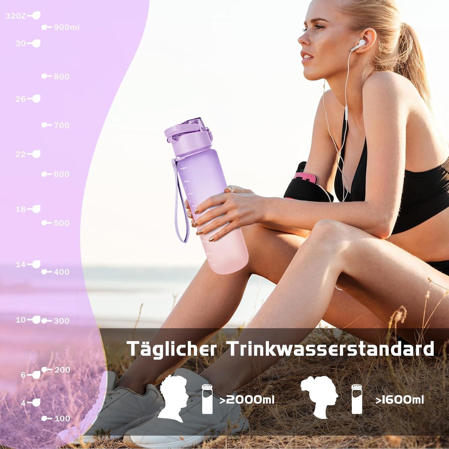 AOPREL Trinkflasche 1l BPA-Frei Tritan Sport Fitness Wandern Büro Lila-Rosa