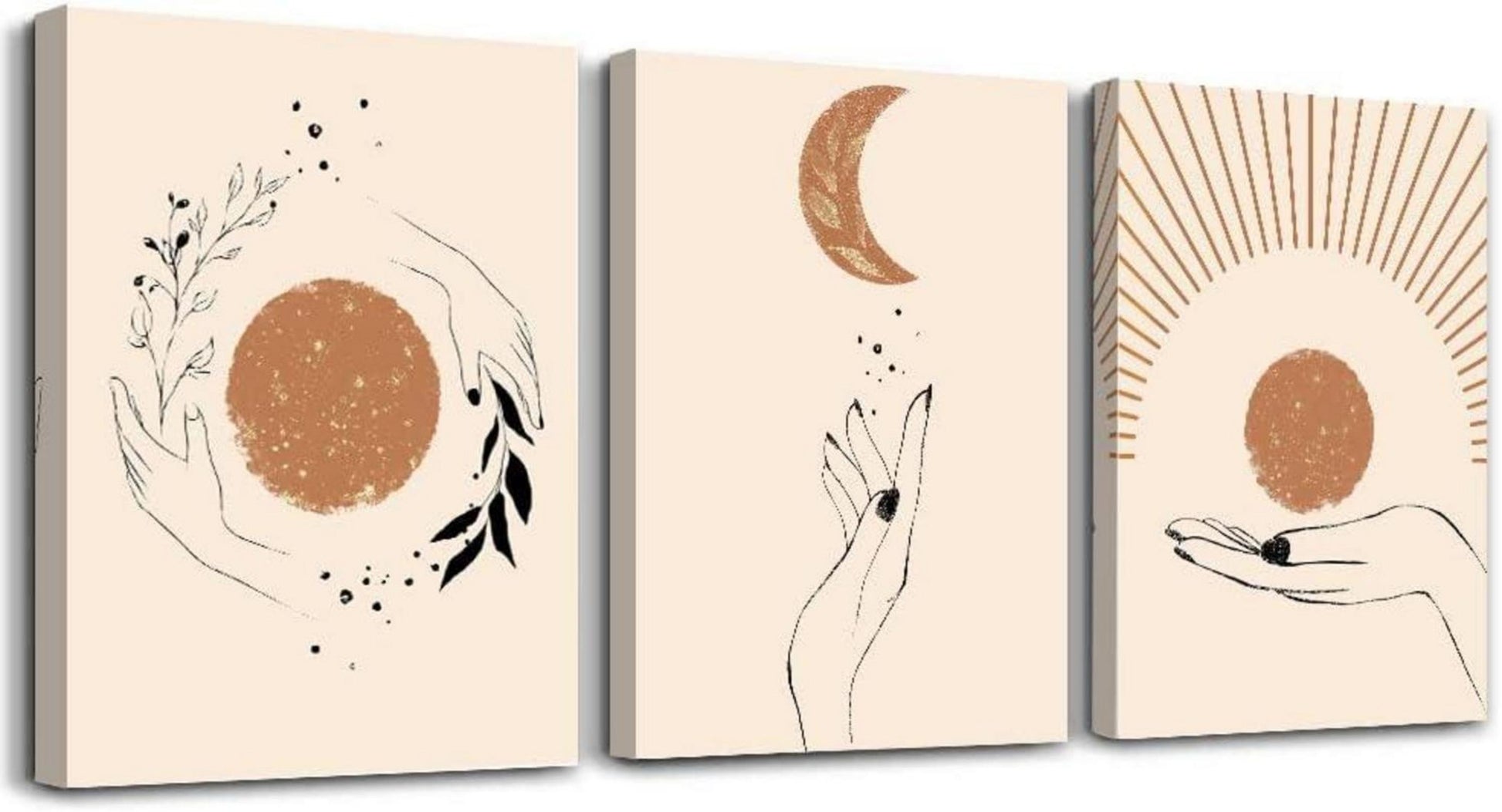 Boho Leinwandbild Orange Sonne Mond Pflanze Wandbild 40x30cm