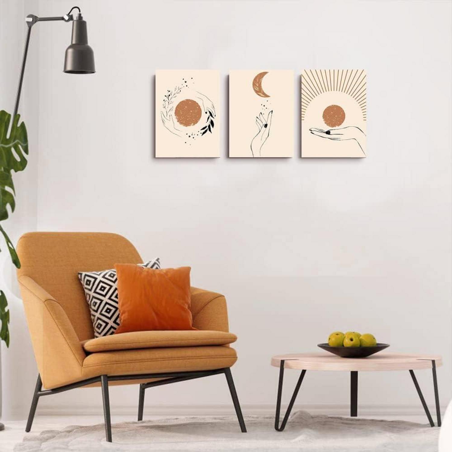 Boho Leinwandbild Orange Sonne Mond Pflanze Wandbild 40x30cm