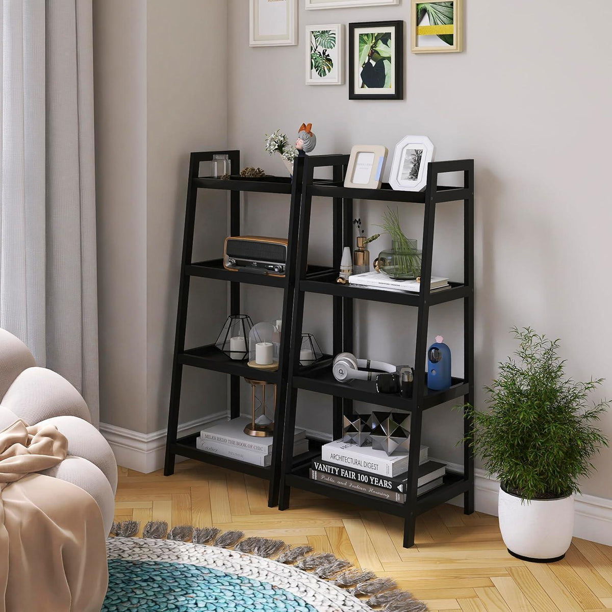 Bambus Leiterregal 4 Ablagen 99cm Schwarz