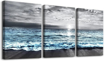 Leinwandbild Modern Sonnenaufgang Strand Meer Blau Grau 40x30 cm