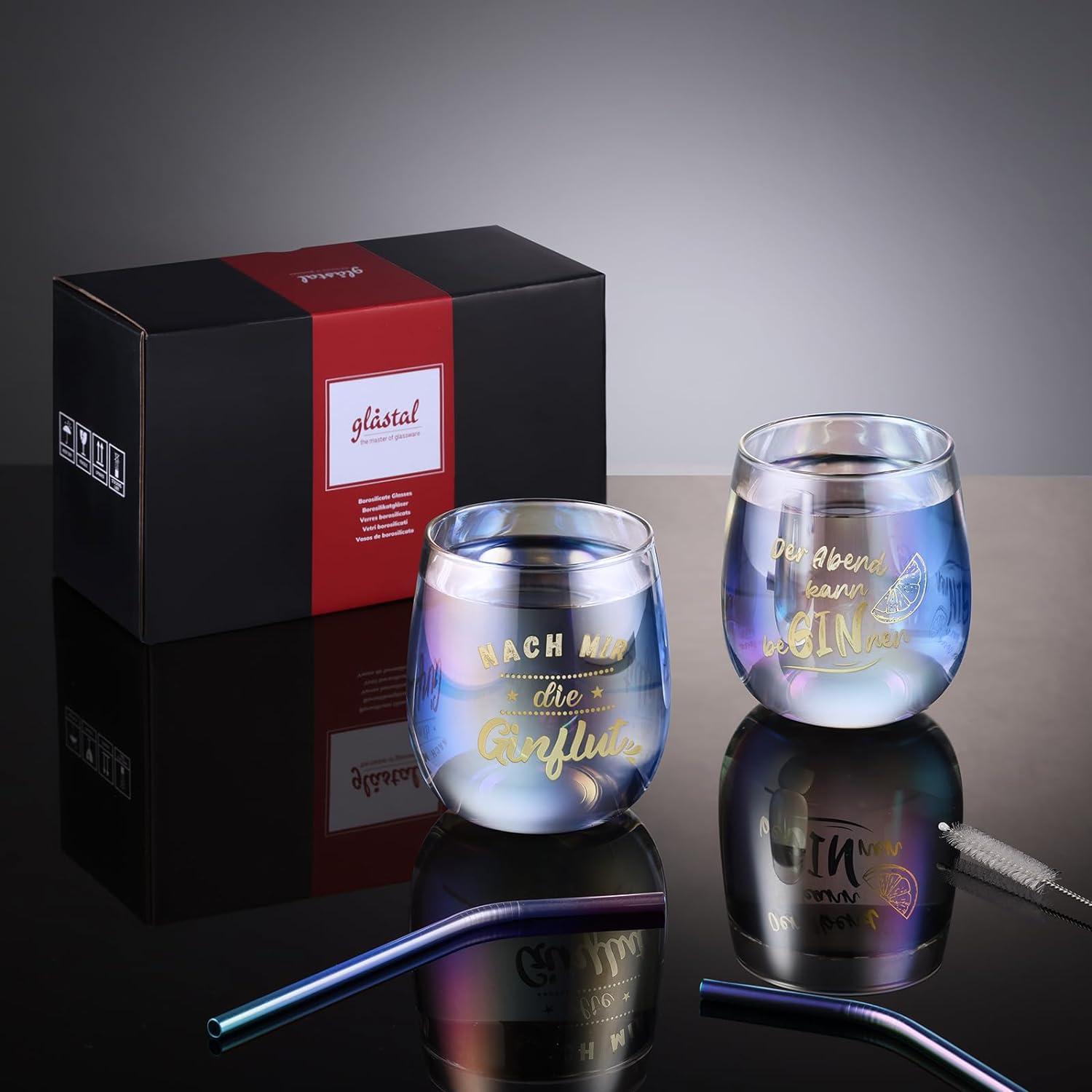 Gin Gläser 450ml 2er Set Bunt Sprüche Cocktails Ginliebhaber