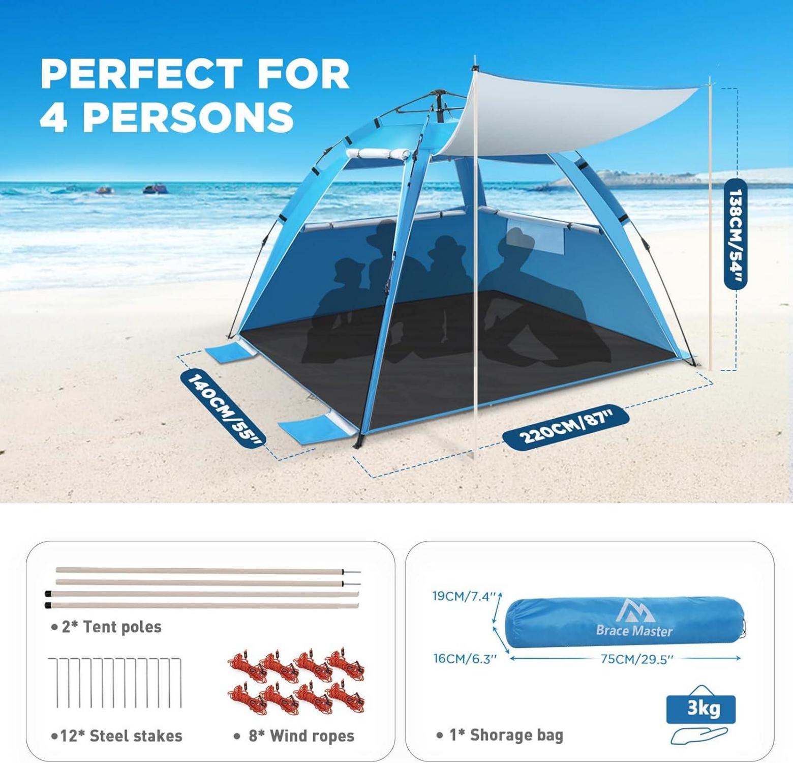 Brace Master Strandmuschel Pop Up für 2-3 Personen mit Sonnendach UV