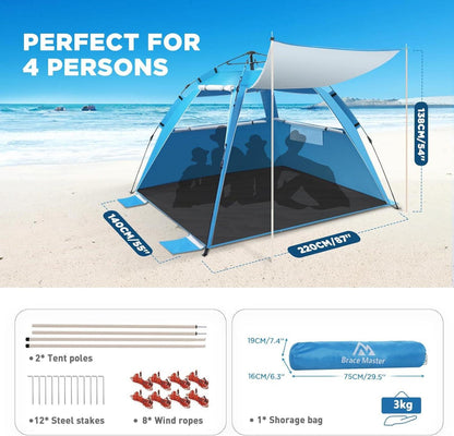 Brace Master Strandmuschel Pop Up für 2-3 Personen mit Sonnendach UV