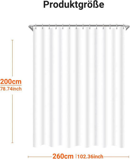 Duschvorhang 260x200cm Reinweiß Wasserabweisend Waschbar inkl. 12