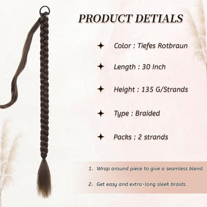 2 Geflochtene Zopf Extensions - Tiefes Rotbraun, 30 Zoll