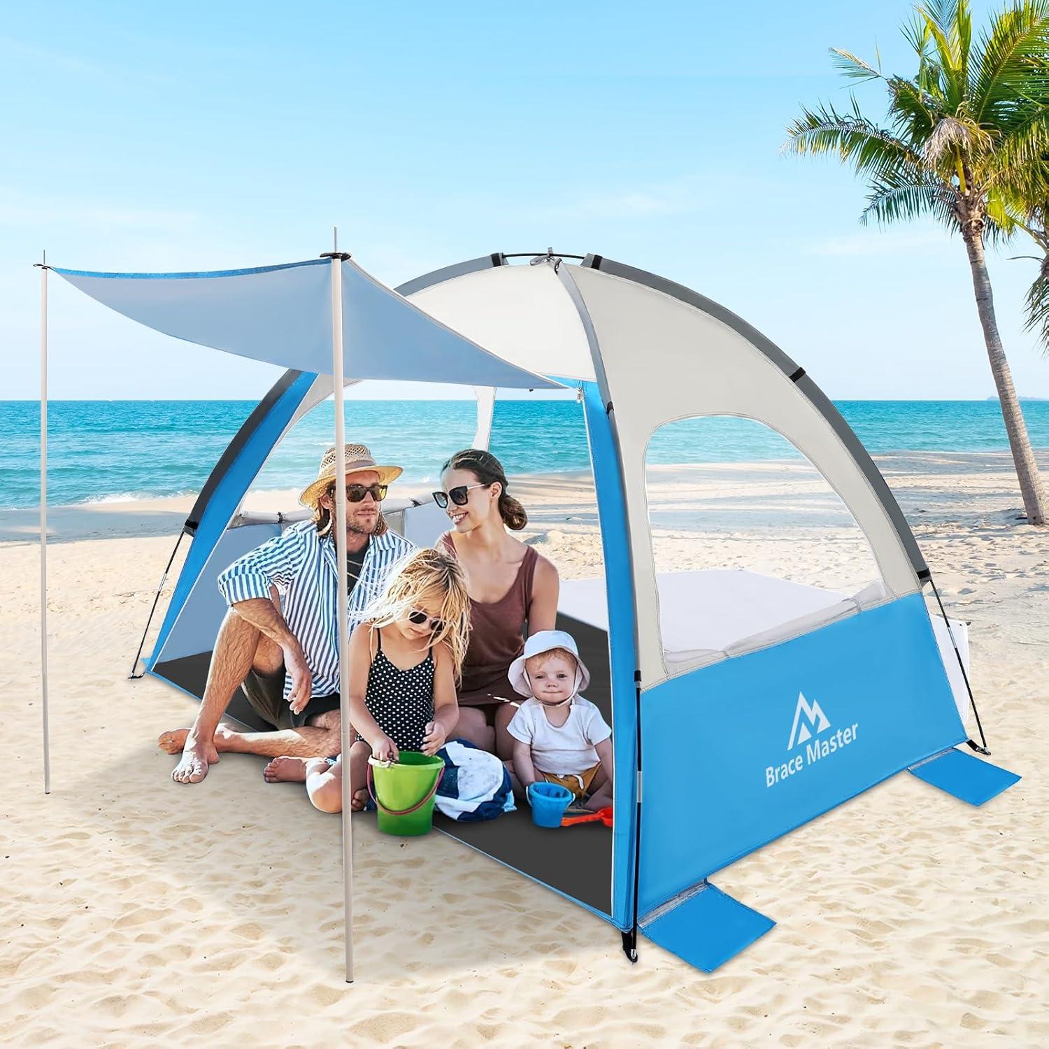 Strandmuschel mit Sonnendach Tragbares Strandzelt UV 50+ Grün Blau