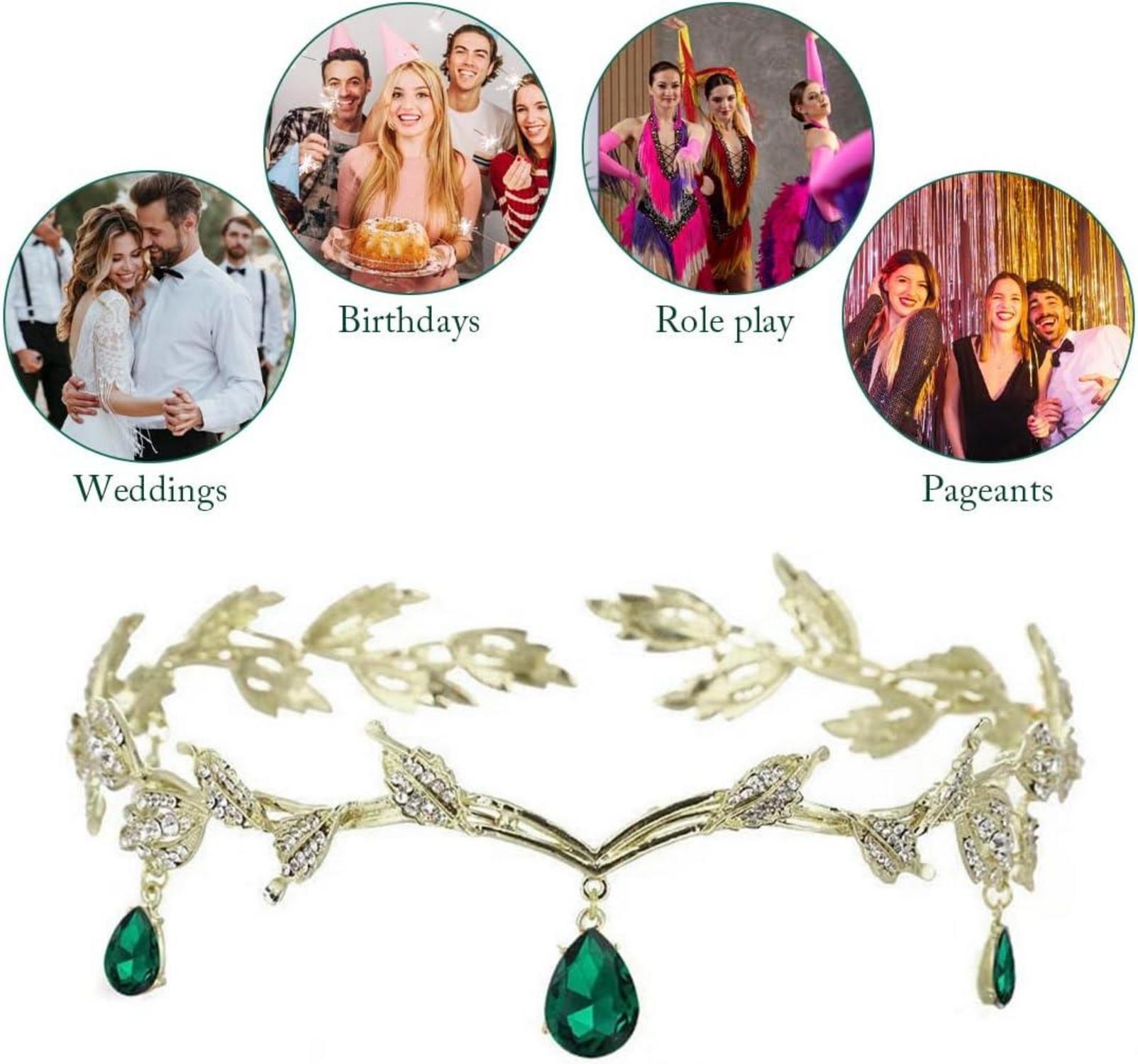 Elfen Vintage Grüner Strass Diadem Kopfschmuck Tiara Stirnband