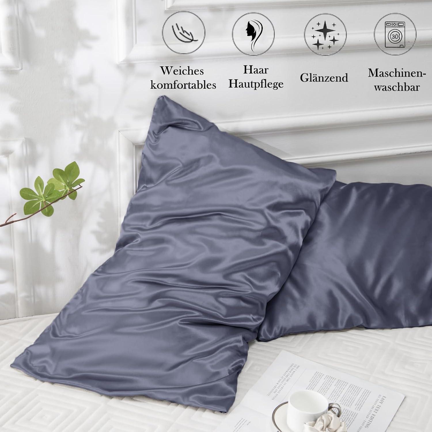 Satin Kissenbezug 50x70 Blau Violett 2er Set mit Haargummis