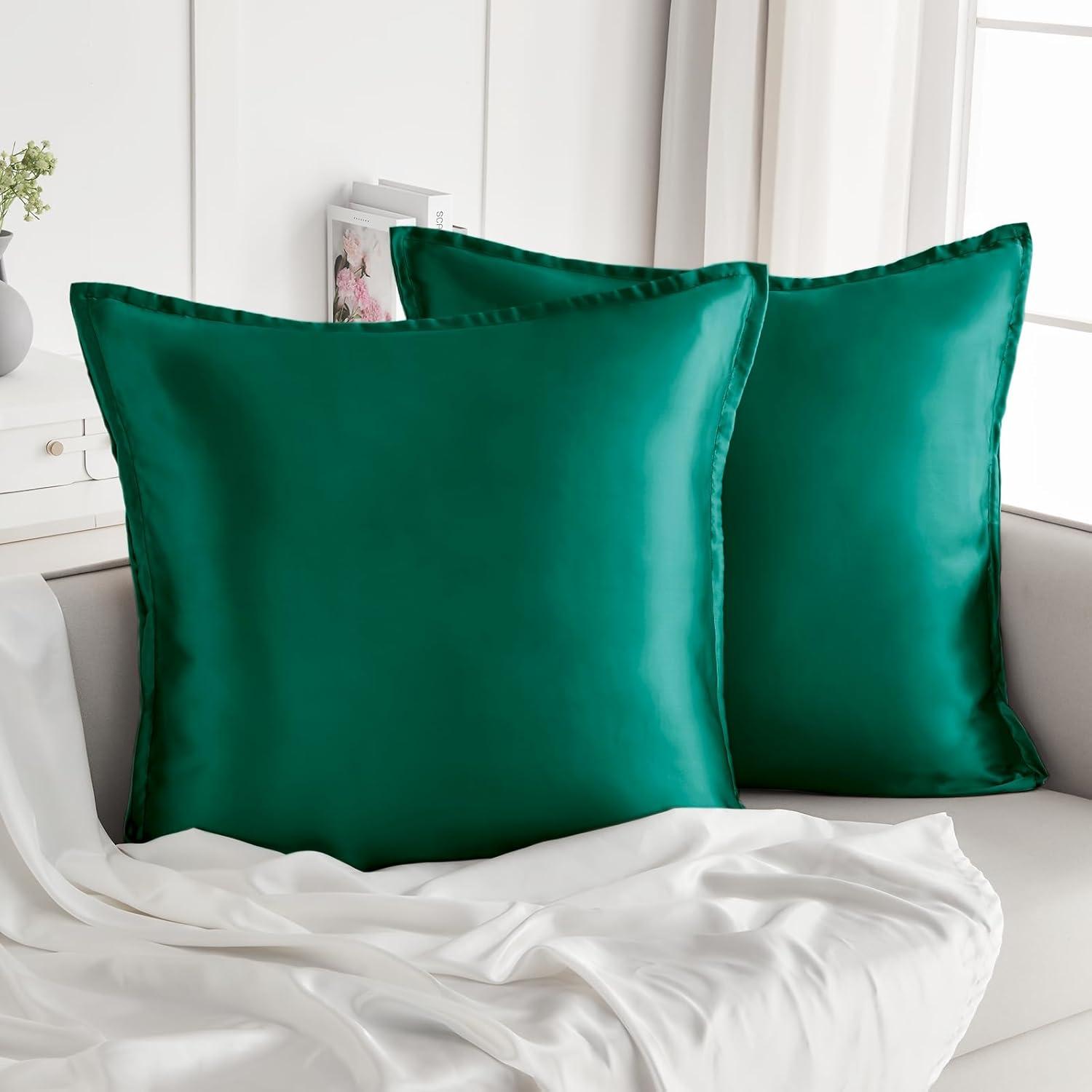 Satin Kissenbezug 80x80 2er Set Seidig Weich Curly Haar Dunkel Grün
