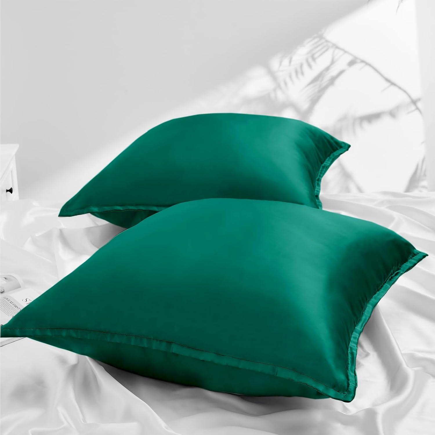 2er Set Satin Kissenbezug 80x80 Dunkel Grün mit Reißverschluss