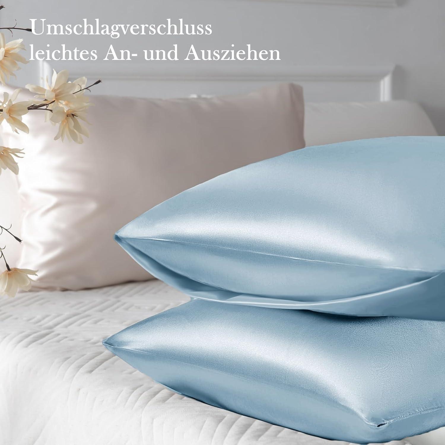 Satin Kissenbezug Hellblau Haargummis 50x80, Pflege Haut