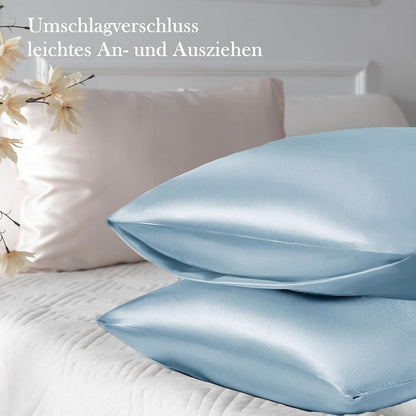 Satin Kissenbezug Hellblau Haargummis 50x80, Pflege Haut