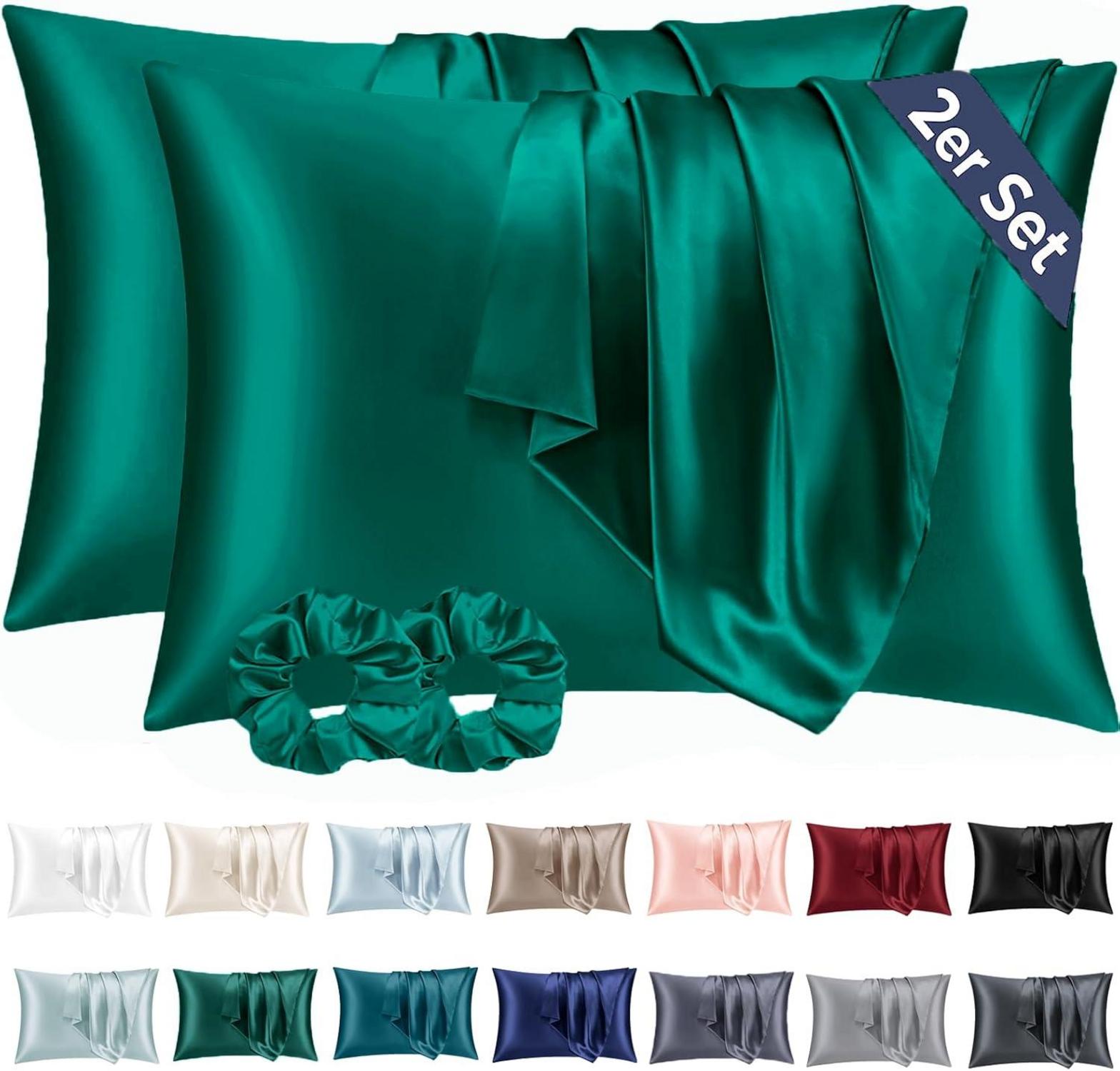 Satin Kissenbezug 2er Set 50x80 Dunkelgrün Haar Haut Haargummis