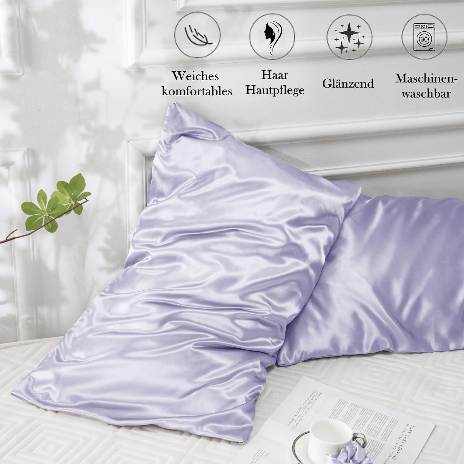 Satin Kissenbezug 40x60 Lila 2er Set Haargummis inkludiert