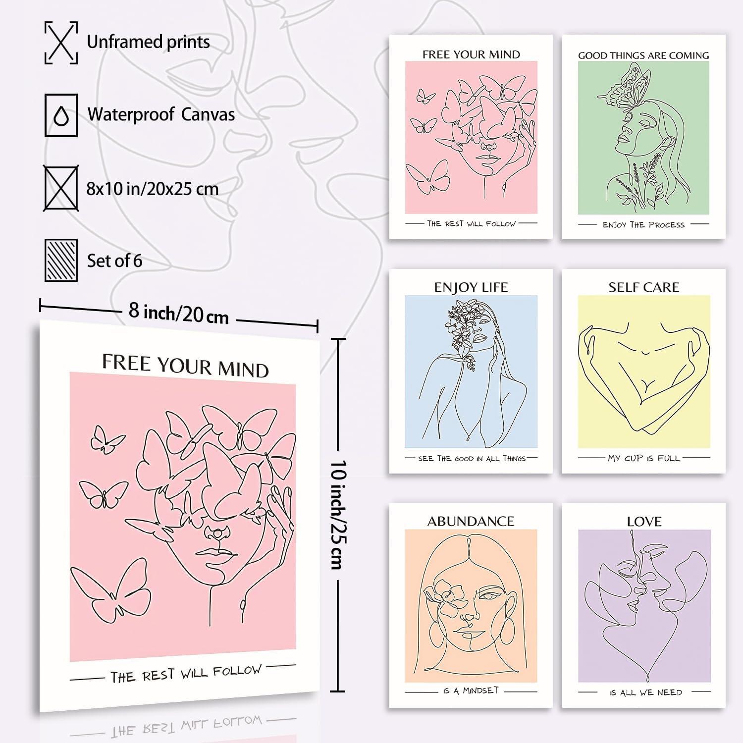 Abstrakte Leinwand Wandbilder Weibliches Gesicht Blumen 6er Set 20x25cm