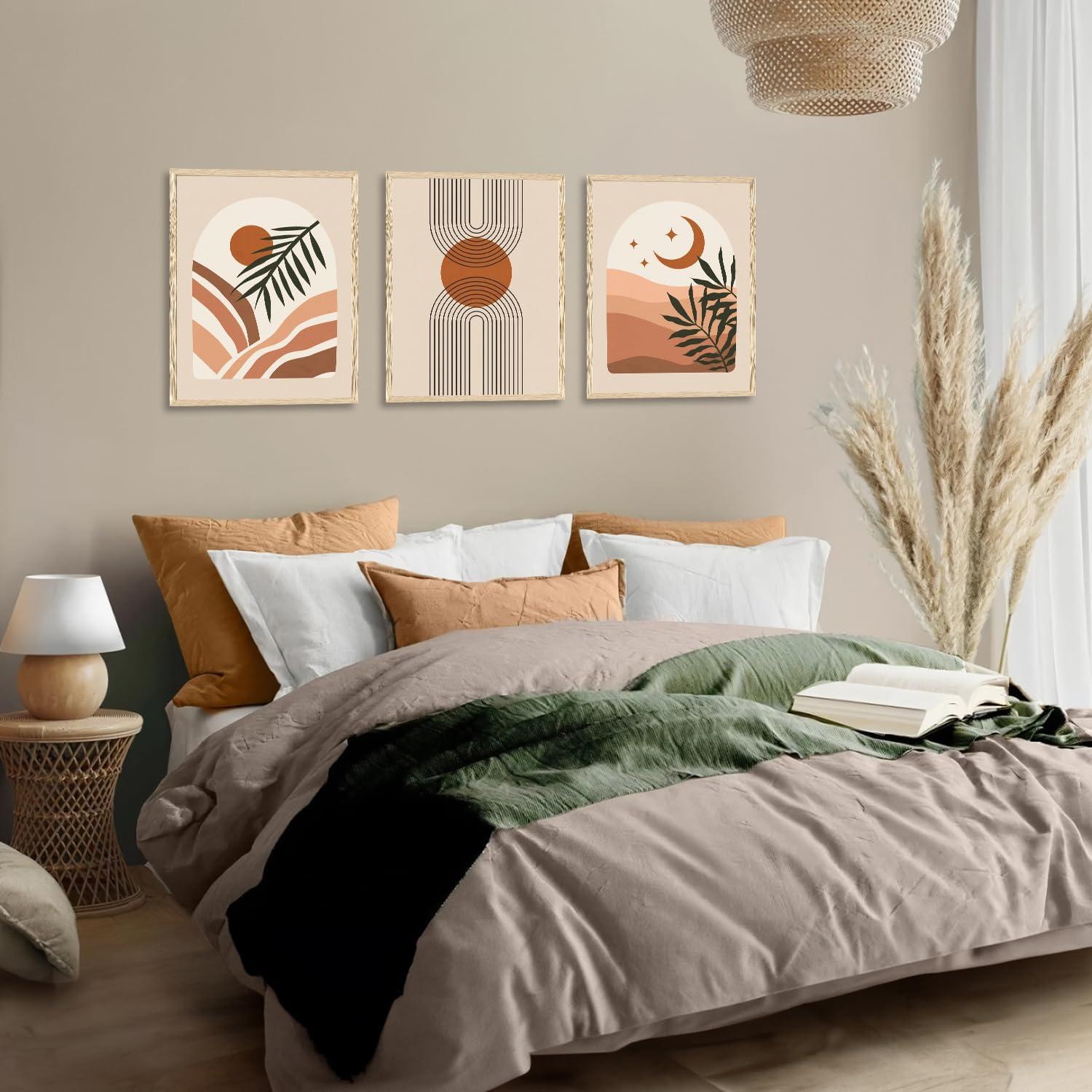 Boho Abstrakte Wandbilder Salbei Grün Geometrische Linie Leinwand 30x40cm 3er Set