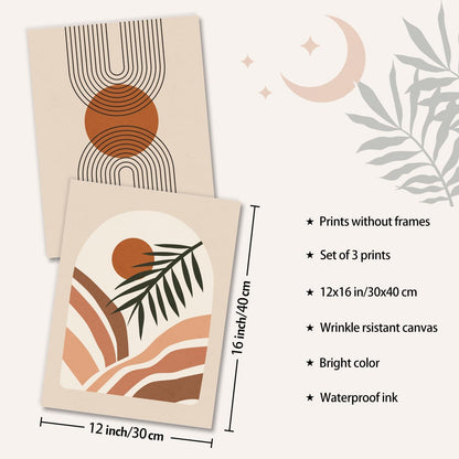 Abstrakte Boho Wandbilder Sonne Mond Salbei Grün 30x40 cm 3er Set