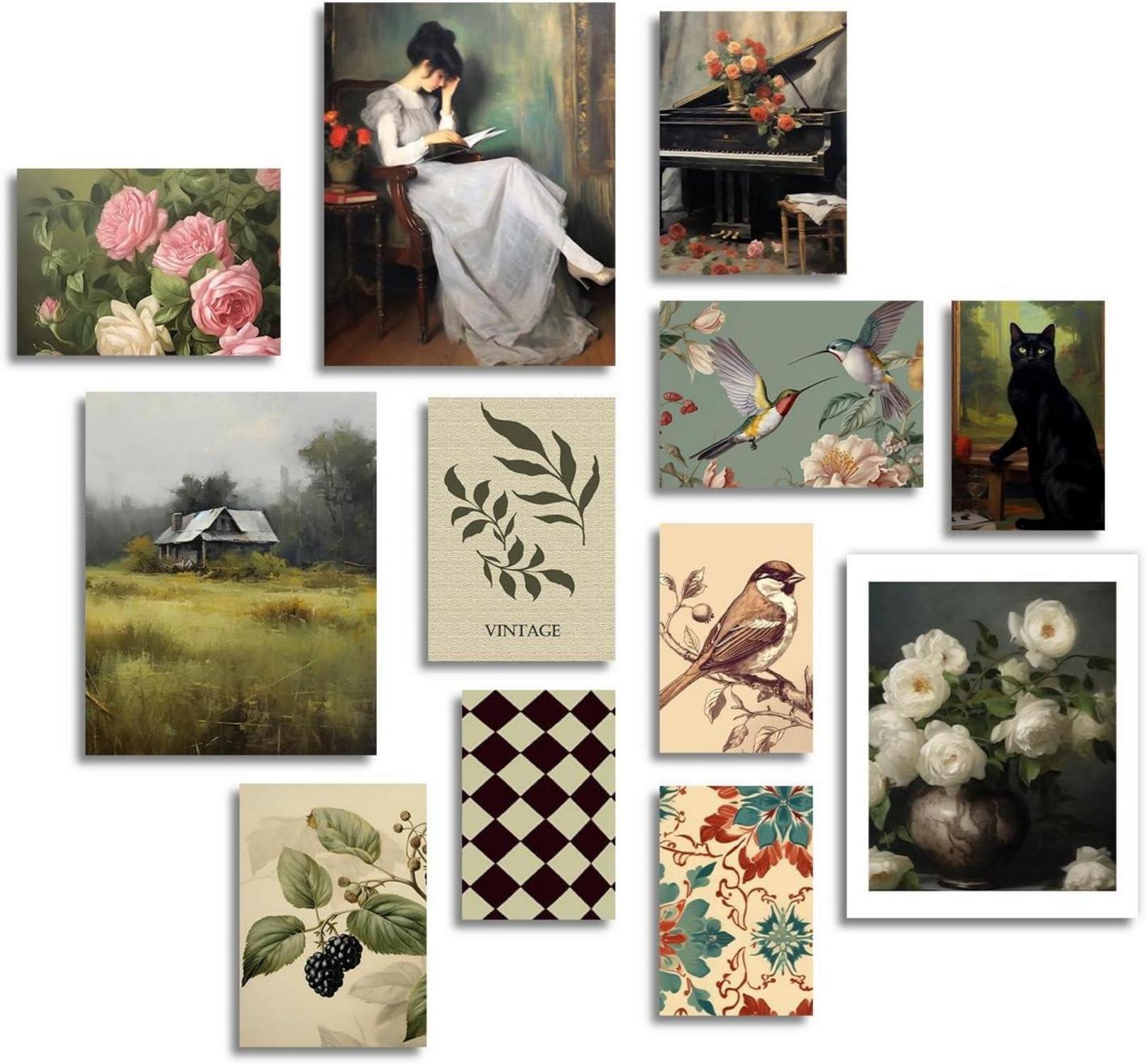 Vintage Französisches Land Wandbild Set 12er Schwarz Katze Blumen