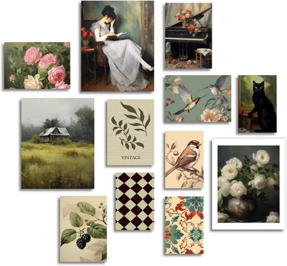 Vintage Französisches Land Wandbild Set 12er Schwarz Katze Blumen