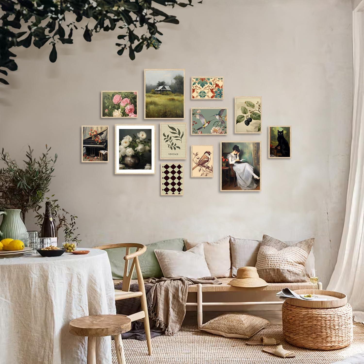 Dazzlewall Vintage Rustikale Blumen Vogel Katze Leinwand Bilder 12er Set