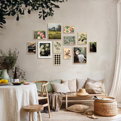 Dazzlewall Vintage Rustikale Blumen Vogel Katze Leinwand Bilder 12er Set