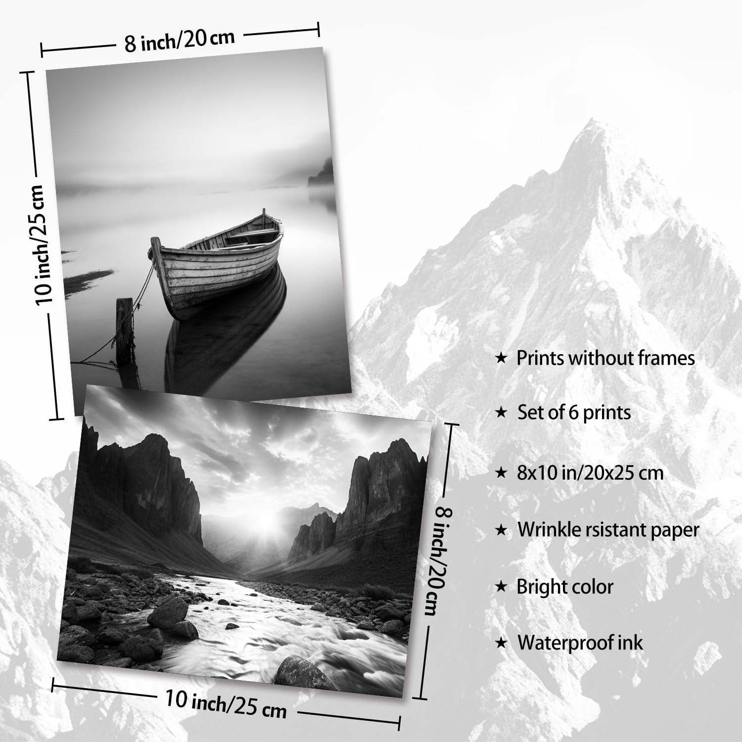 Schwarz Weiß Wandbilder Moderne Berg Natur Leinwand 20x25 cm 6er Set