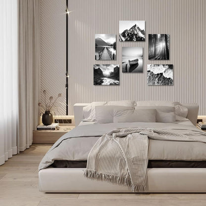 Schwarz-Weiß Wandbilder Modern Berg Natur Leinwand Deko 20x25 cm 6er