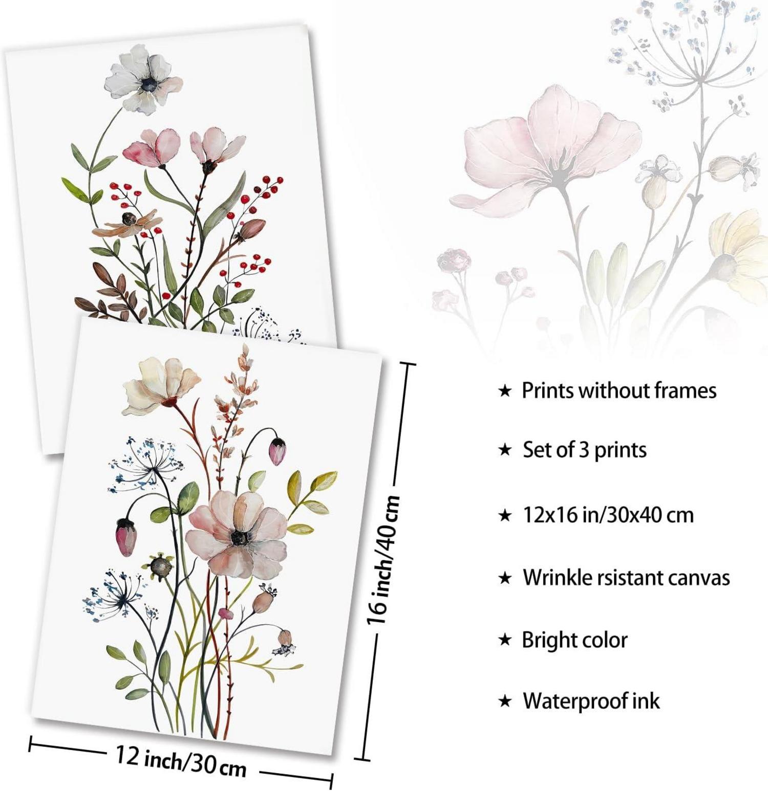 Botanische Wildblumen Leinwandbilder 30x40 cm 3er Set für Wanddeko