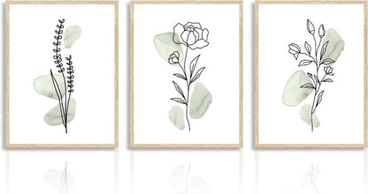 Botanische Wandbilder Salbei Grüne Blumen Linie Leinwand 30x40cm 3er