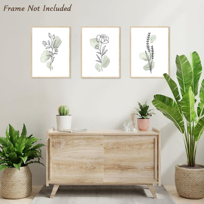 Botanische Wandbilder Salbei Grüne Blumen Linie Leinwand 30x40cm 3er