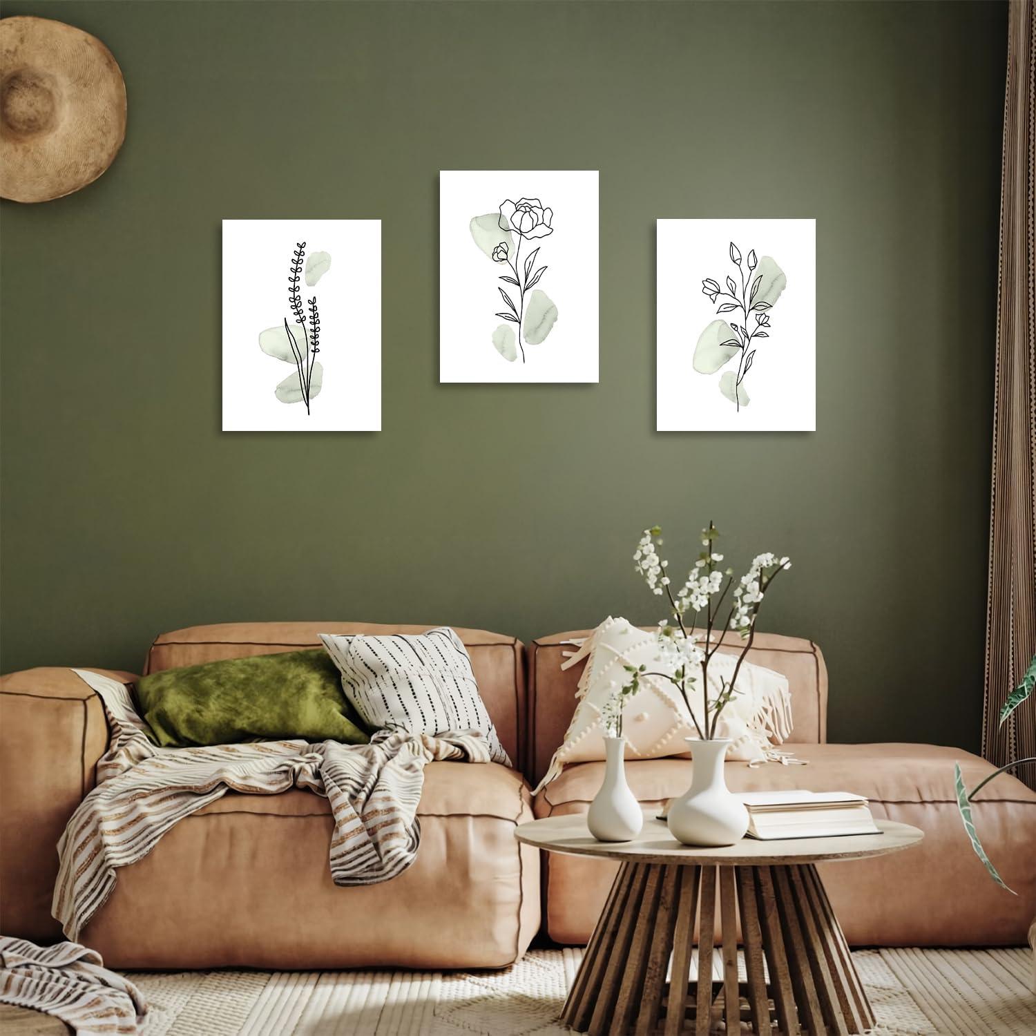 Abstrakte Botanische Wandbilder Salbei Grün Linie Leinwandbilder 30x40cm 3er Set