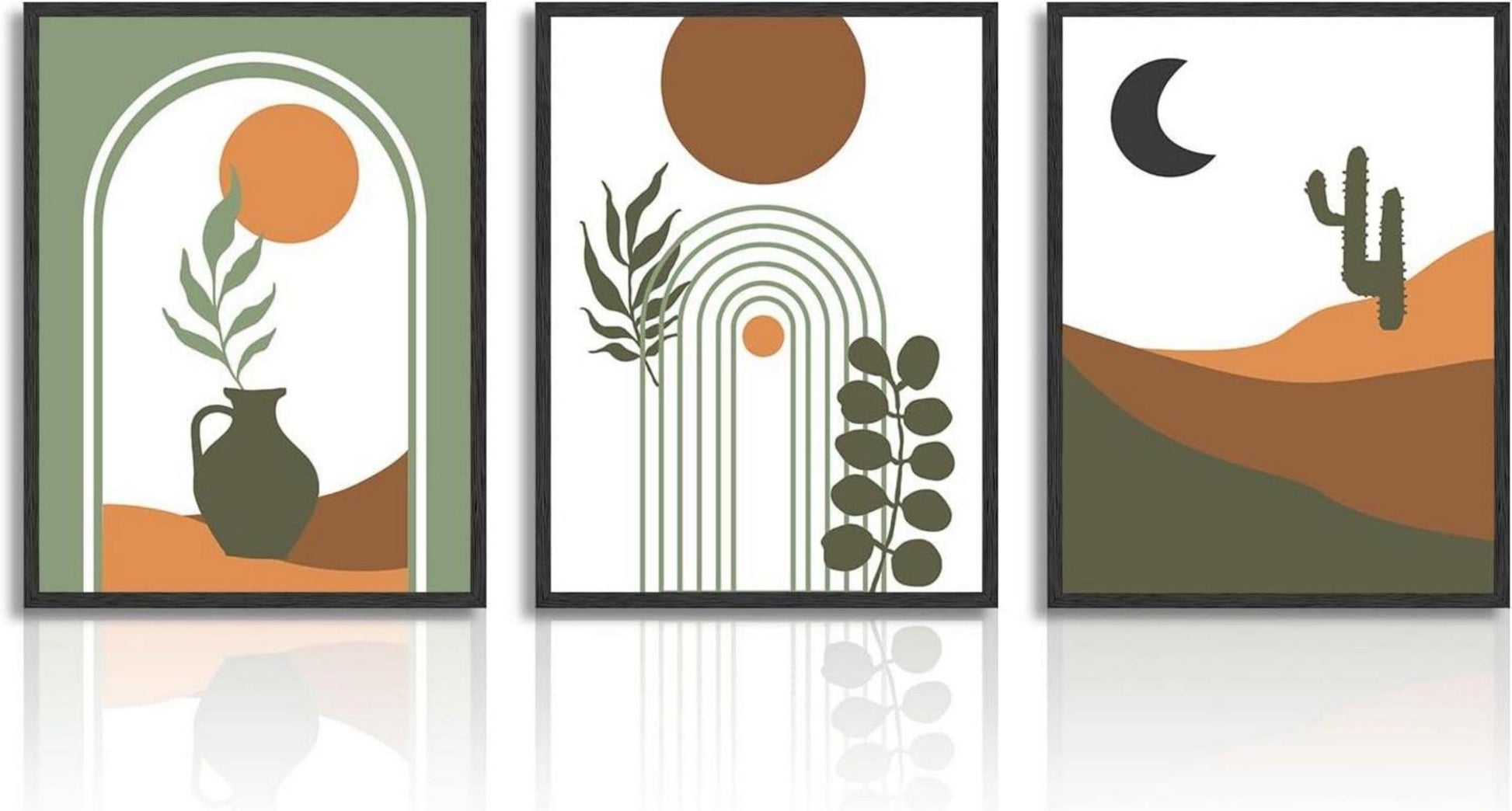 Abstrakte Boho Wandbilder Sonne Mond Salbei Grün Geometrisch 30x40cm