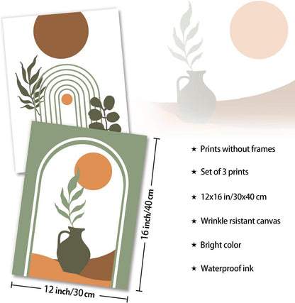 Boho Abstrakte Wandbilder Sonne Mond Salbei Grün Deko 30x40cm 3er Set