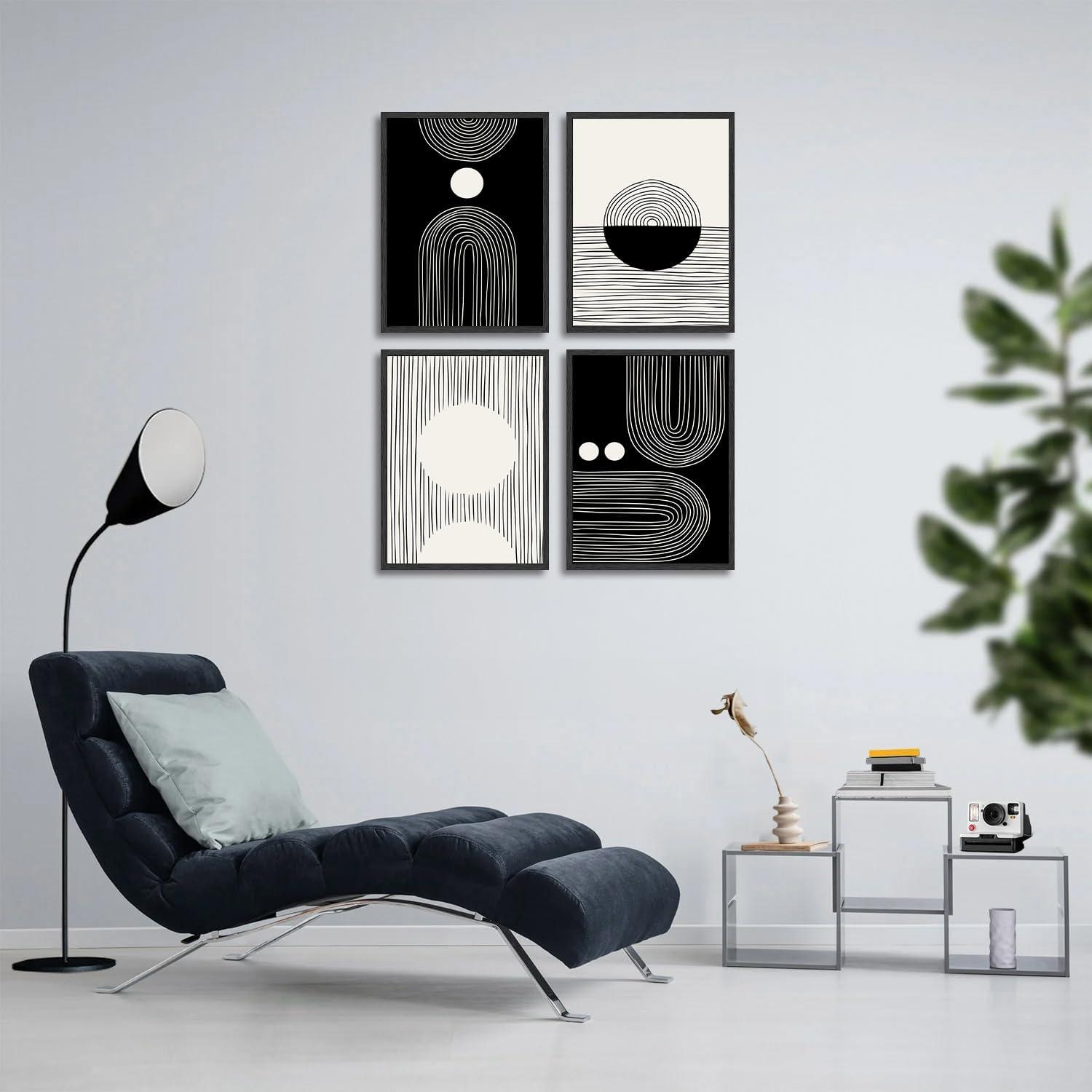 Abstrakte Schwarze Weiße Leinwandbilder Geometrische Linie 30x40cm 4er