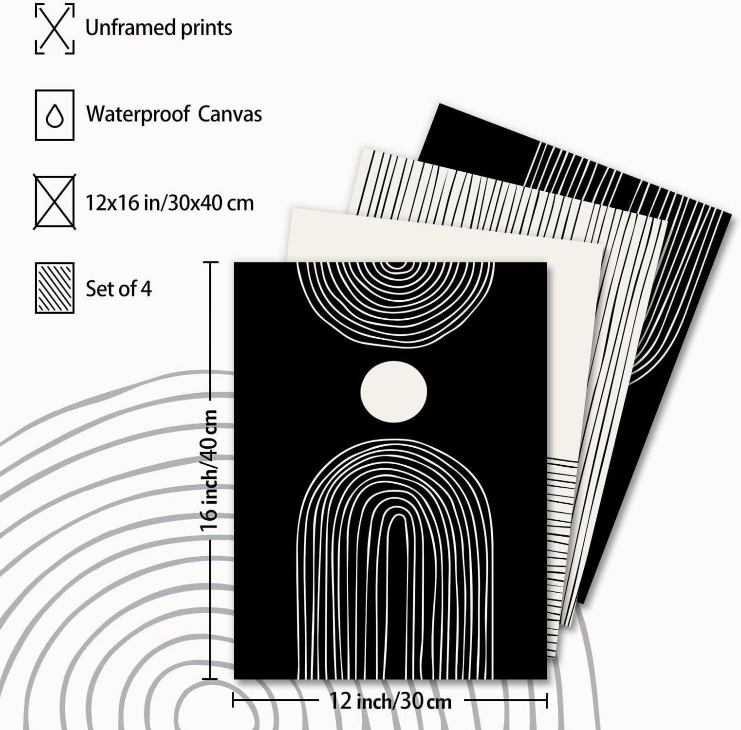 Boho Abstrakte Geometrische Wandbilder Schwarz Weiß 30x40 cm 4er Set