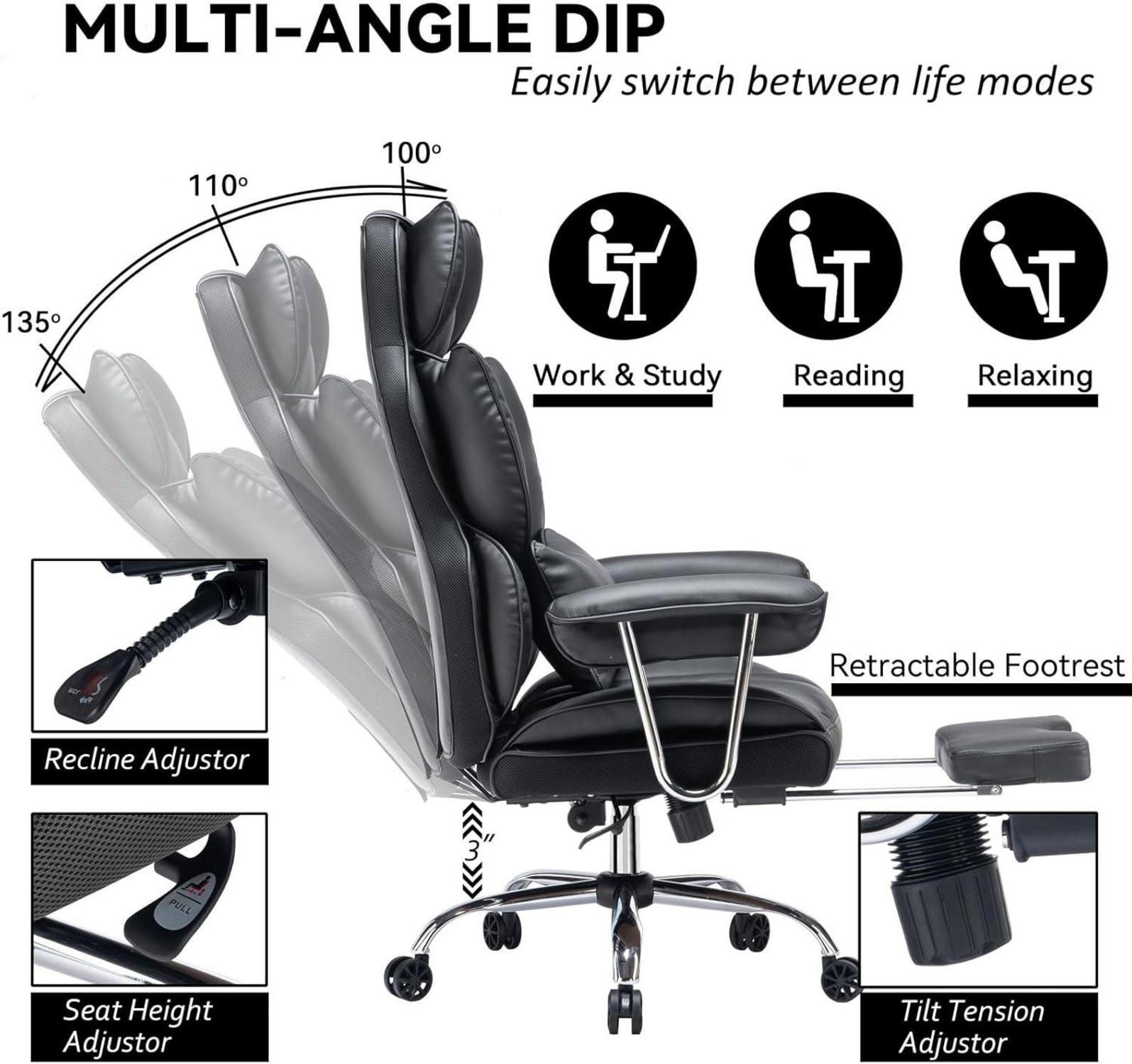 Efomao Bürostuhl ergonomisch mit Fußstütze und Lendenwirbelstütze, PU Leder, 200 kg Traglast
