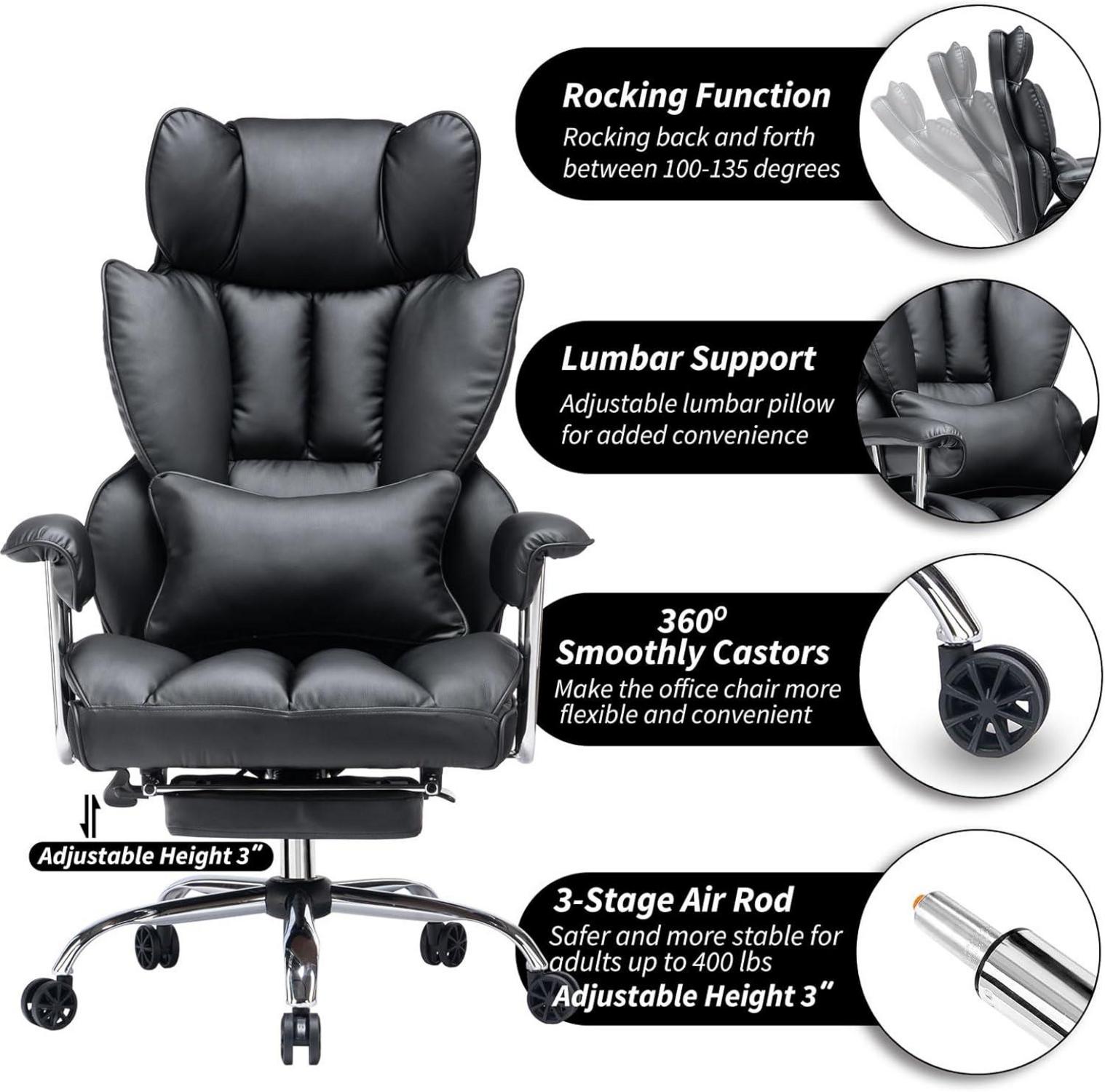 Efomao Bürostuhl ergonomisch PU Leder Chefsessel 200 kg Schwarz