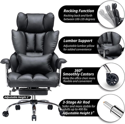 Efomao Bürostuhl ergonomisch PU Leder Chefsessel 200 kg Schwarz