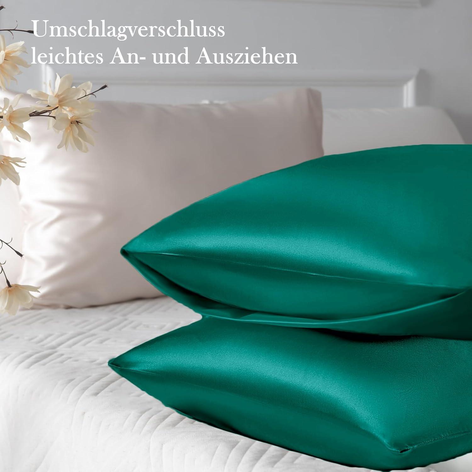 Satin Kissenbezug 50x70cm Dunkel Grün 2er Set mit Haargummis