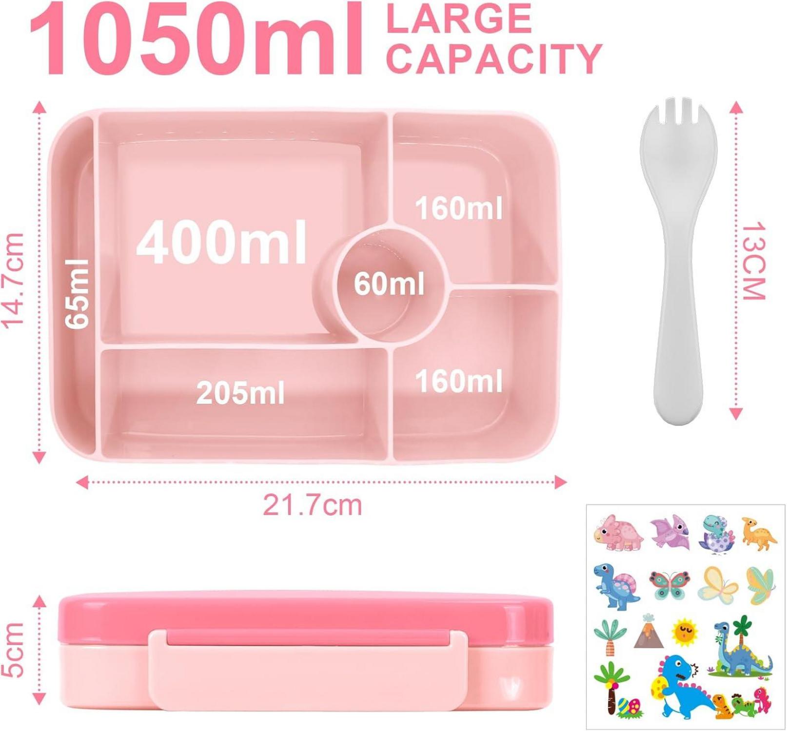 Brotdose Kinder mit Fächern 1050ml Auslaufsicher Bento-Box Lunchbox Jungen Mädchen Pink