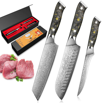 Damast Küchenmesser Set 3tlg. – Santoku, Kochmesser & Filetiermesser