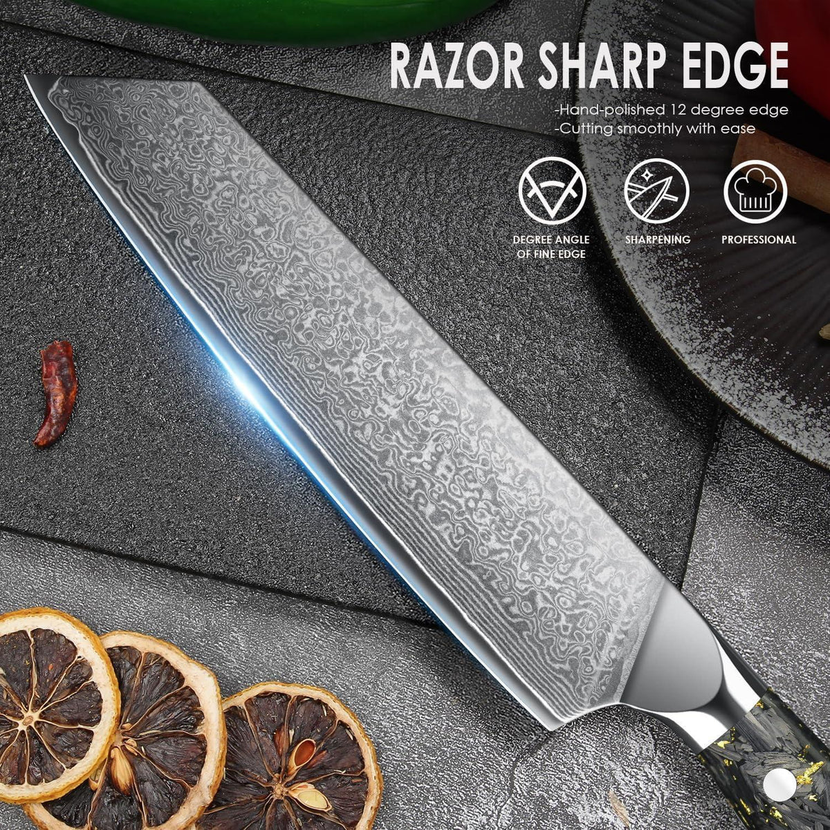 Damast Küchenmesser Set 3tlg. – Santoku, Kochmesser & Filetiermesser