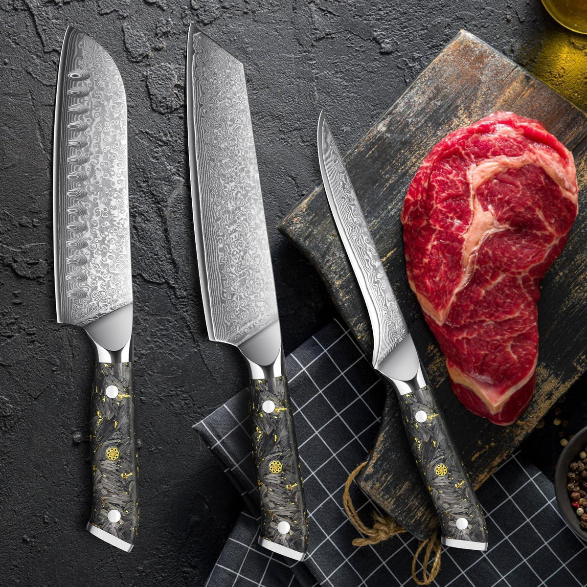 Damast Küchenmesser Set 3tlg. – Santoku, Kochmesser & Filetiermesser