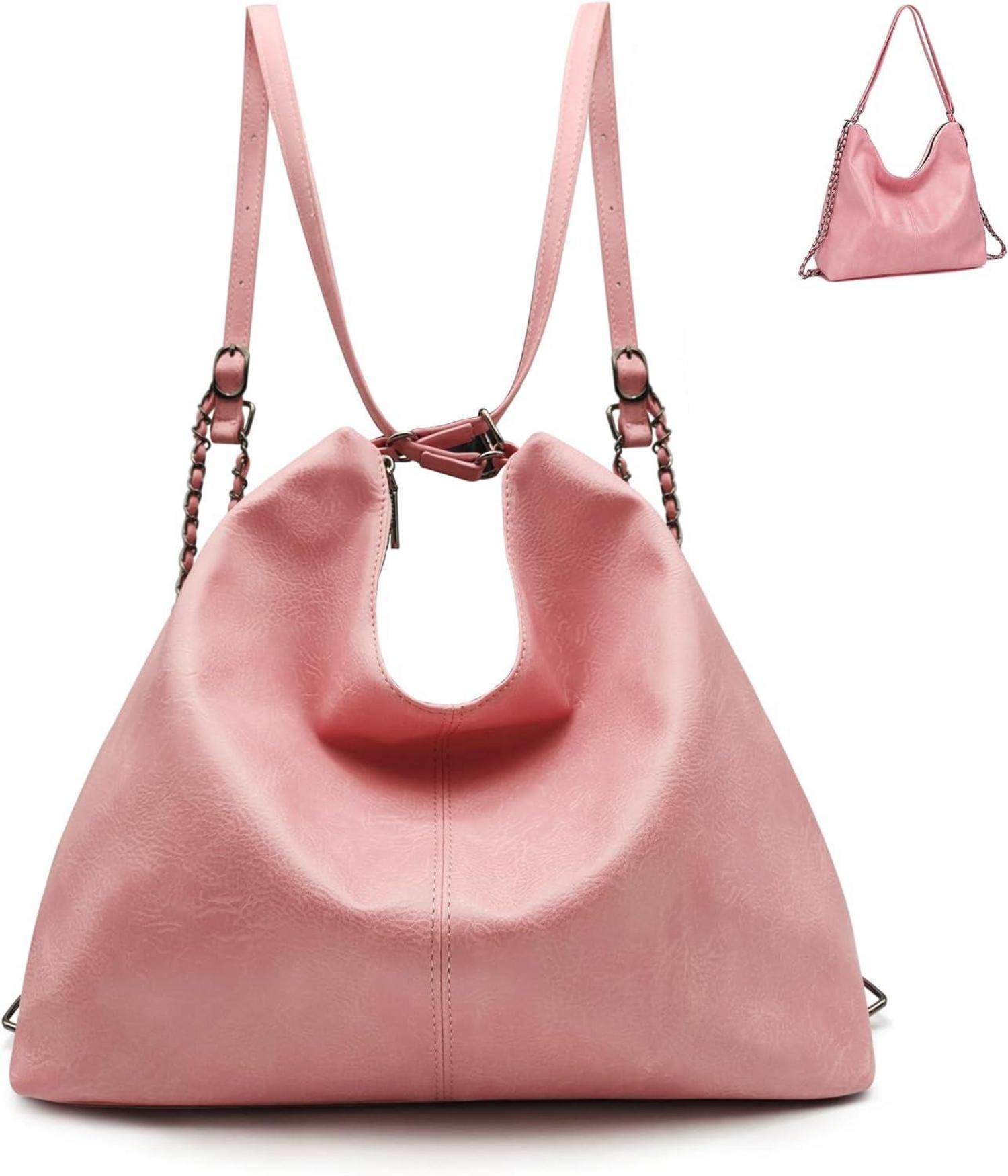 Eleganter PU Lederrucksack Damen 2in1 Hobo Handtasche Rosa